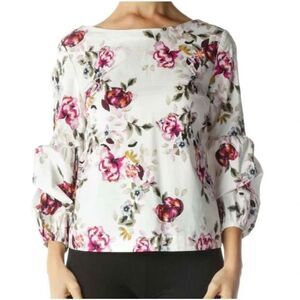 WHITE HOUSE BLACK MARKET | Floral Print Blouse Balloon Sleeve High Neck | Size S